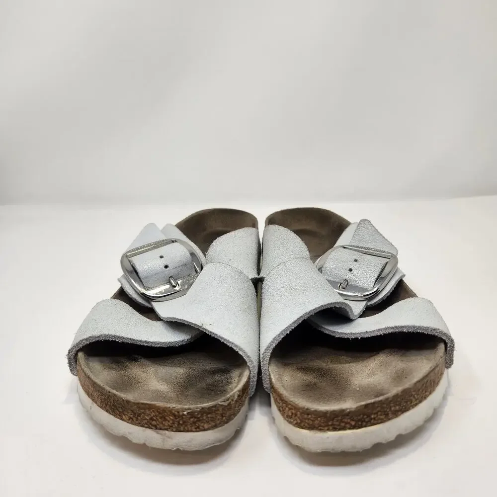 Birkenstock Siena Big Buckle Sandal Crossed Strap White Metallic Suede Size 41 - Picture 3 of 9